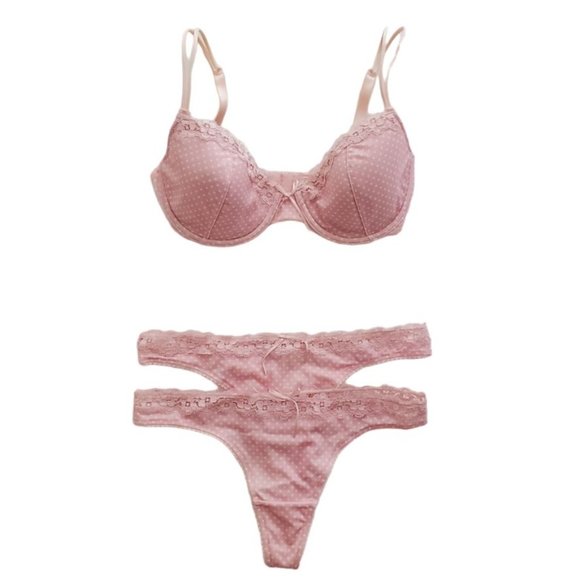 Nordstrom Other - Pink Polka Dot 3 Piece Lace Trim Bra & Thong Bundle | Like New | 32D, Small
